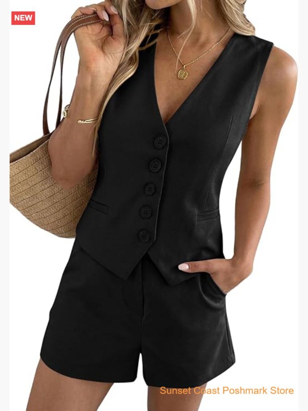 2 Piece Sets for Women Button Vest Tops High Waist Shorts Business Casual